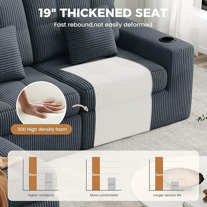 144 U Shaped Cloud Boneless CouchModern Modular Sectional Sofa with Layered CushionNo Assembly Convertible Corduroy Couches for Living RoomGrey 1 PCS