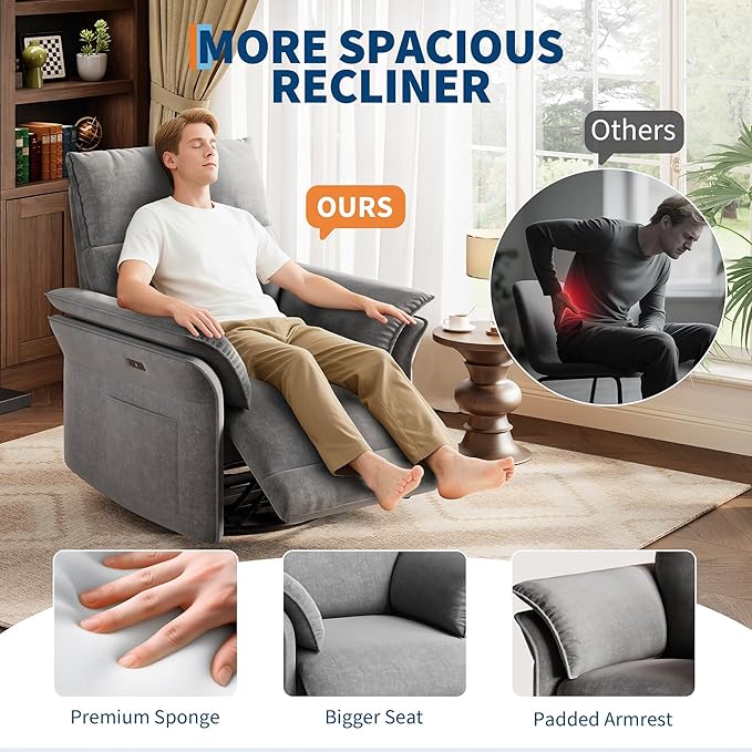 GarveeHome Power Recliner Chair 270 °Swivel Rocking Glider with USB Charging Port Chenille Upholstered Fabric and Double-Layer Armrests Nursery Chair for Living Room Nursery (Ash)