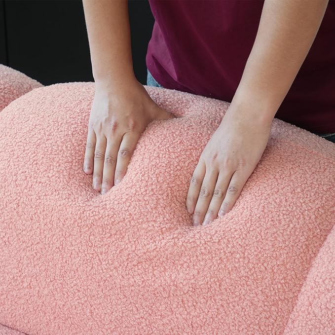 Modern Curved Sofa 3 Seater Soft Sherpa Upholstered Sofa Minimalist Style Comfy Cloud Couch for Living Room Apartment Pink