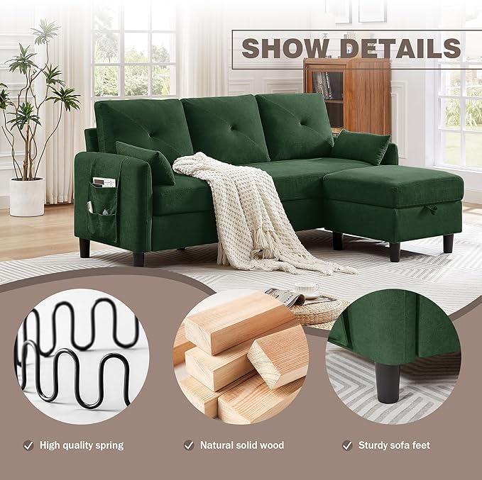 77 Convertible Sectional Couches 3 Seat L Shaped Couch Sofa with Storage Chaise &amp Removable Pillows Linen Fabric Small Couch Mid Century for Living Room Apartment and Office Green