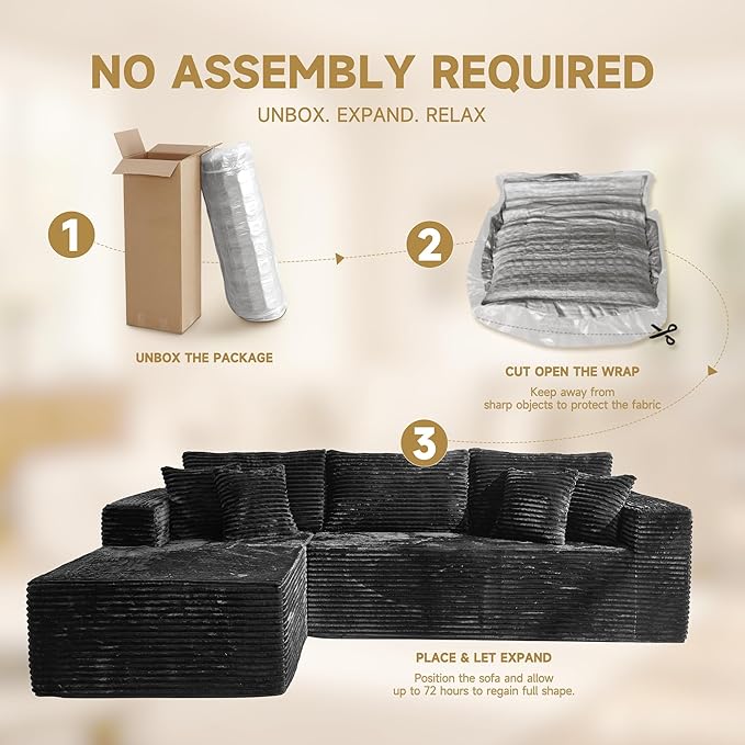 108 Modular Cloud Sofa High-Density Foam Sectional Couch Oversized Convertible L-Shaped Sofa Bed with Plush Fabric Deep Seats Wide Armrests Boneless Couches for Living Room Black