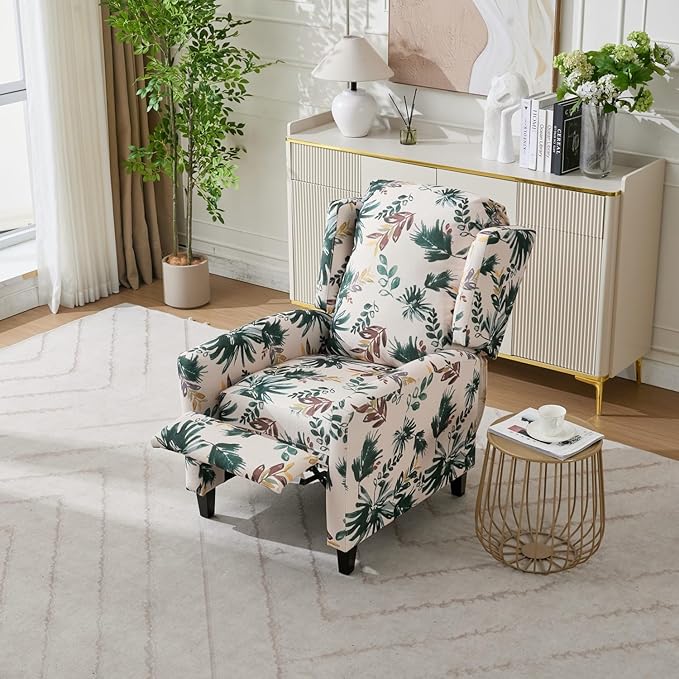 Push Back Recliner Chair with High Back Blue Floral Print Fabric Upholstery Classic Wing Back Design 250 LBS Capacity (Green)