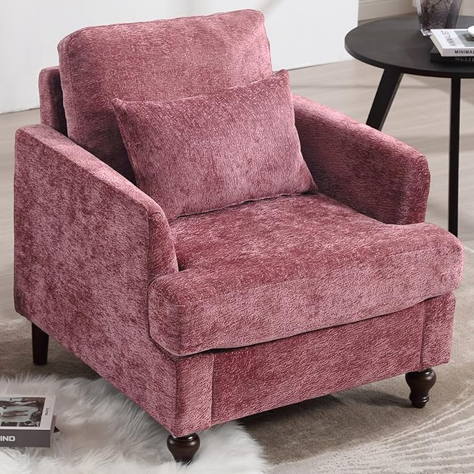 Oversized Accent Chair with Lumbar Pillow Upholstered Side Chairs for Living Room Bedroom Comfy Reading Chairs for Adults with Wide Seat Thick Cushion Soft Chenille (Wine Red)