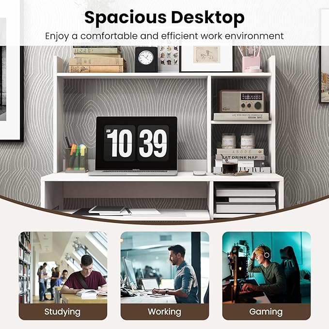 LDAILY Computer Desk with Hutch Multifunctional PC Laptop Table with Keyboard Tray CPU Stand Power Outlet Simple Work Desk Writing Desk for Bedroom Home Office Dorm (White)