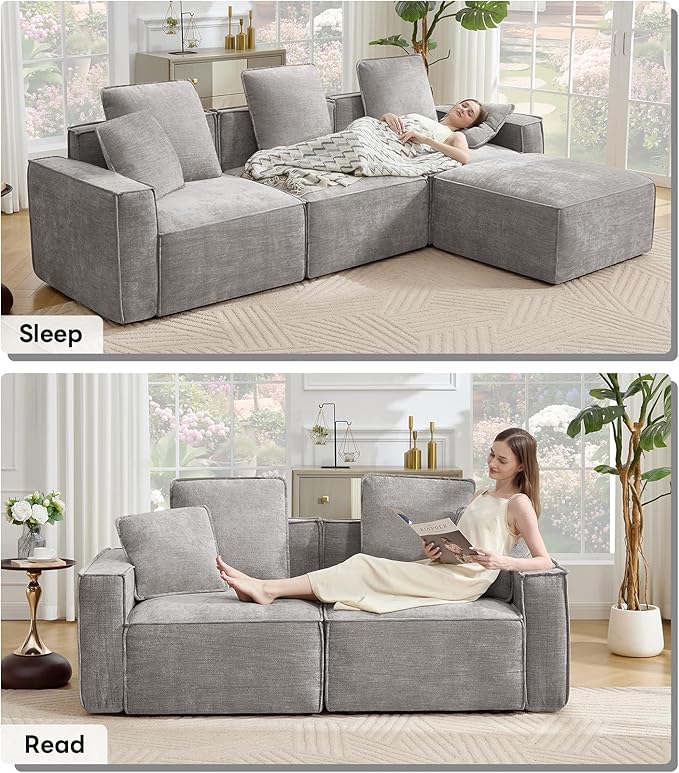 WILLOVE 109'' Modular Sectional Sofa Chenille Cloud Couch with Wide Armrests &amp 5 Pillows Deep Seat Couches for Living Room Grey