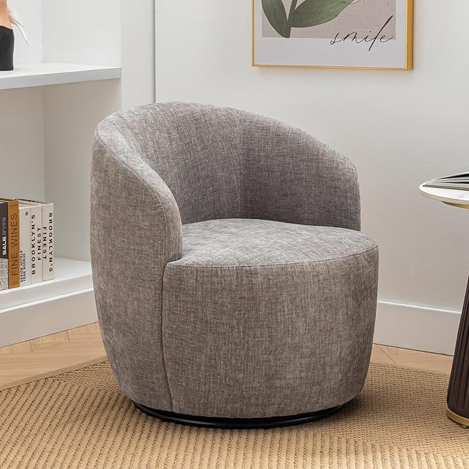 360 Degree Swivel Accent Chair Modern Barrel Vanity Chair with Back Comfy Single Circle Couch for Living Room Bedroom Reading Nook (Chenille Gray)
