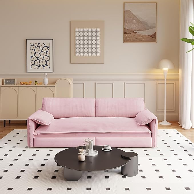 70.1 Queen Pull Out Sofa Bed 3-in-1 Convertible Sleeper Sofa with 2 Soft PillowsMulti-Functional Velvet Loveseat Bed (Pink 66)