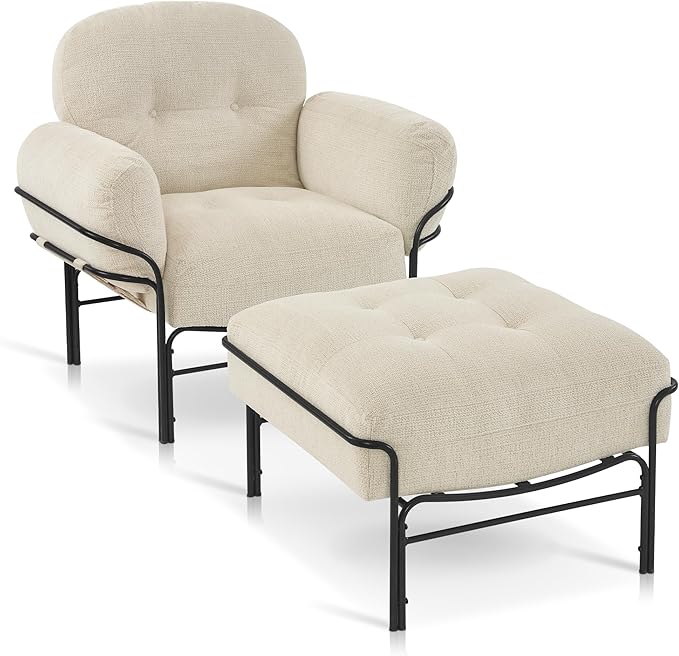 MCombo Modern Accent Chair with Ottoman Chenille Upholstered Leisure Sofa Chair for Small Space Living Room &amp Bedroom 4071 (Beige)