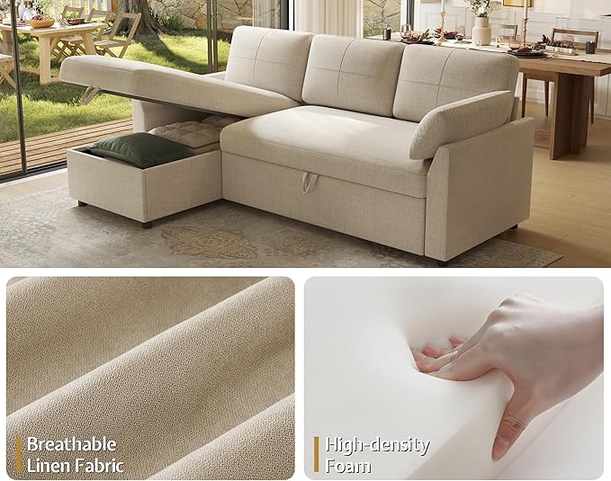PaPaJet Sofa Bed Sleeper Sofa with Storage Chaise L Shaped Sofa with Pull Out Bed Oversized Sofas for Living Room Beige