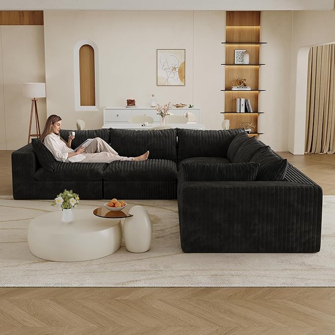 118.2 Modern V Shaped Corner Sofa Comfy Modular Sectional Cloud Couch with Plush Corduroy Fabric Deep Seat Upholstered Sofa Fluffy Boneless Couches for Living Room No Assembly (Black)