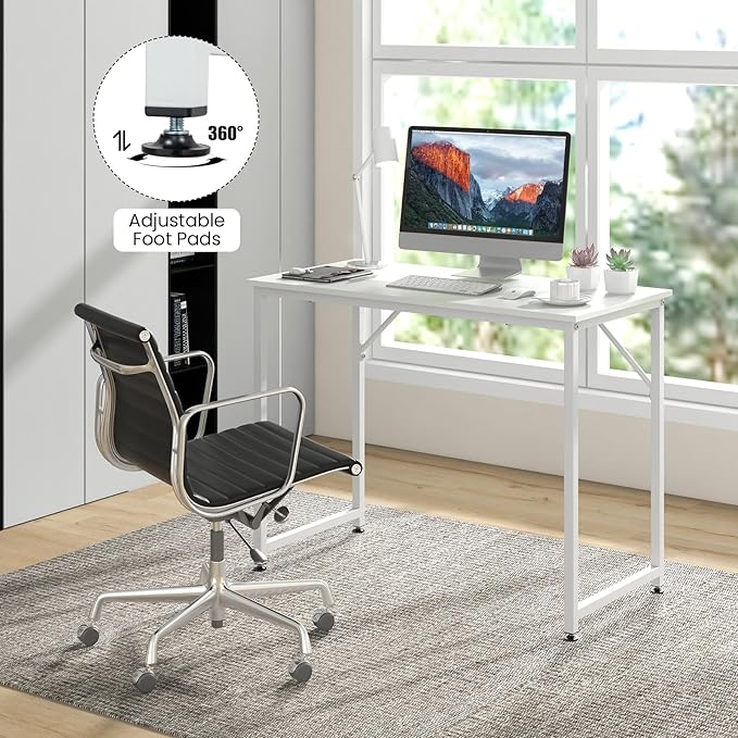 Tangkula Computer Laptop Desk Heavy Duty Metal Frame Writing Desk Home PC Office Desk with Adjustable Foot Pads Conference Tables for Combined Use Compact Task Desk for Bedroom Study (White)