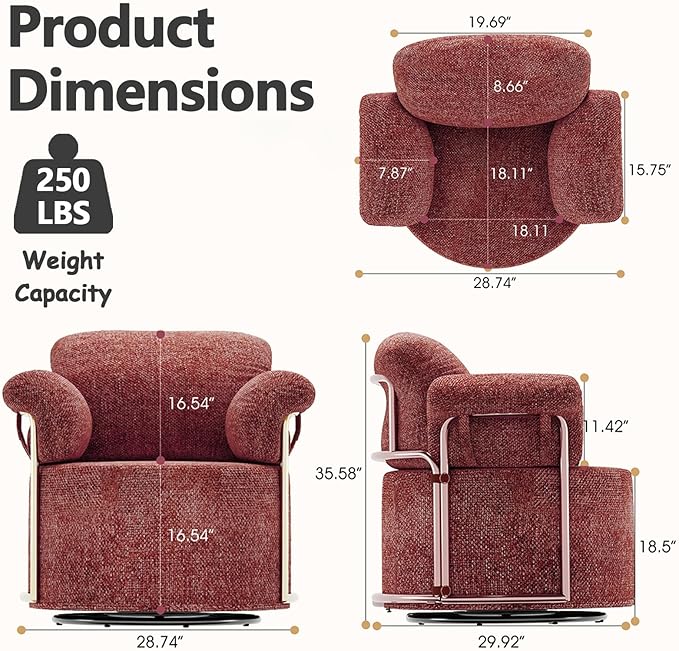 Swivel Accent Chairs for Living Room 360 Swivel Barrel Chair with Arm for Bedroom Upholstered Round Chair &amp Corner Chairs with Gold Frame for Small Spaces Chenille (Red)