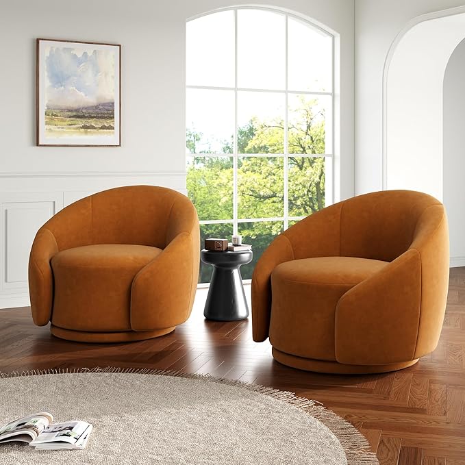 Swivel Accent Chairs Set of 2 Swivel Velvet Chair for Living Room No Assembly Small Comfy Round Barrel Armchair for Bedroom Office Waiting Room Orange