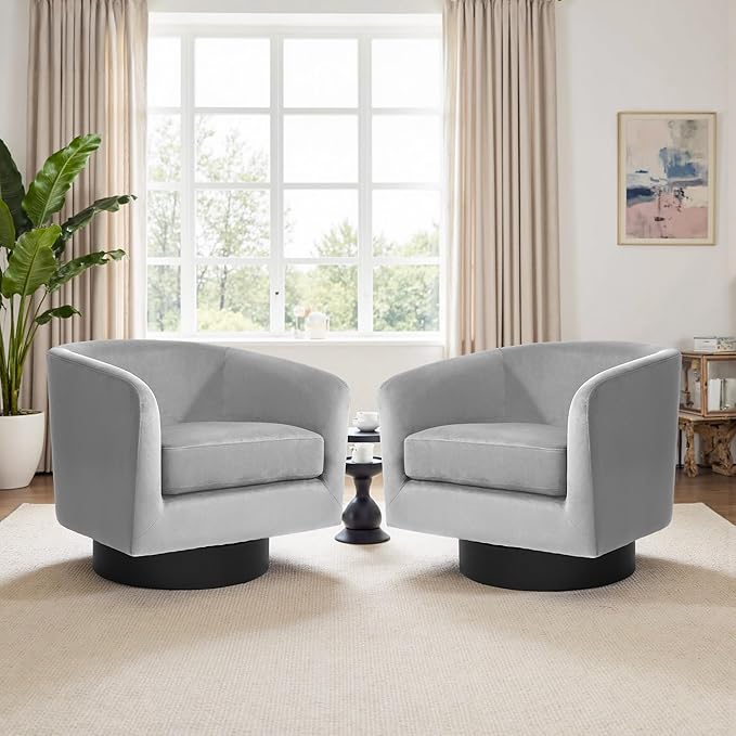 Swivel Barrel Accent Chair Modern 360° Swivel Round Barrel Chairs with Curve Back Upholstered Velvet Fabric Armchair Single Sofa Club Chair for Living Room Bedroom Gray