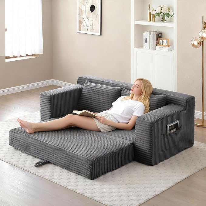 73 Convertible Sofa Bed Pull Out Boneless Loveseat Sleeper Sofa Corduroy Foldable Couch Bed with Storage Bag No Assembly Couch in a Box for Living Room Apartment (Grey)