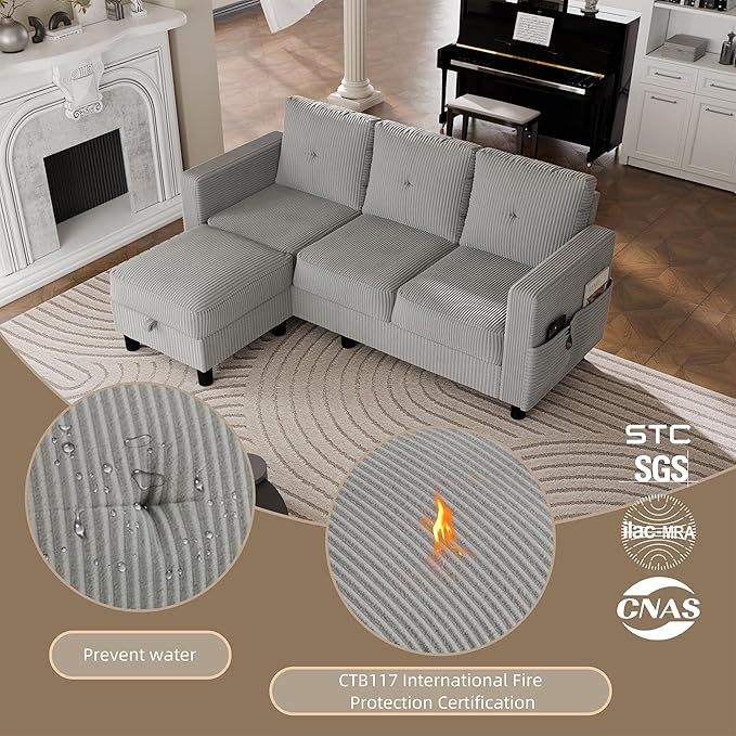 JAMFLY Convertible Sectional Couches for Living Room L-Shaped Couch 3 Seat Sectional Sofa Set with Corduroy Fabric and Movable Ottoman Small Couch for Apartments Office(Light Grey)