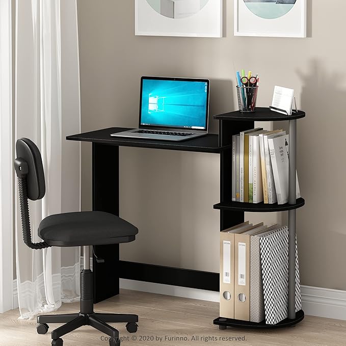 Furinno Compact Computer Desk with Shelves Round Side Light Cherry/Black