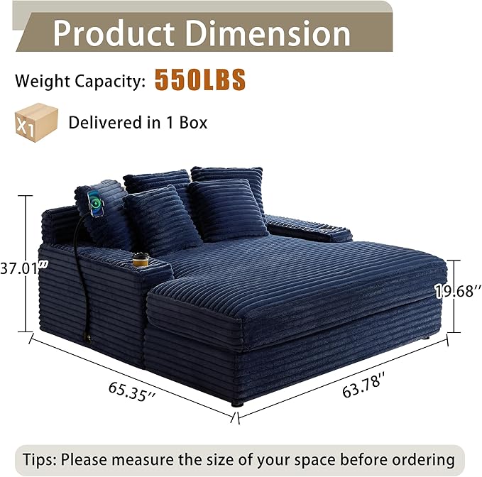 65.35 Oversized Chaise Lounge Chair for 2 Upholstered Sleeper Sofa Bed with Cup Holders | Charging Station | Removable Backrest | Backrest Pilow Fluffy Chair Sofa Couch for Living Room
