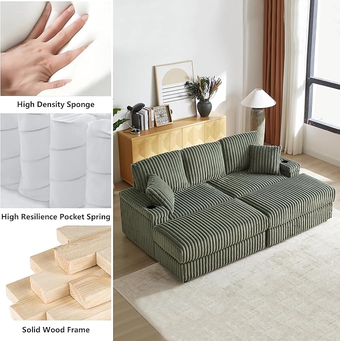 Aoowow 84 Corduroy Oversized 3-seater sofa with 2 Ottomans Modular Sectional Deep Seat Sofa with Back and Toss Pillows Modern Comfy Sofa with 2 Storage Spaces and Cup Grooves for Living Room Green