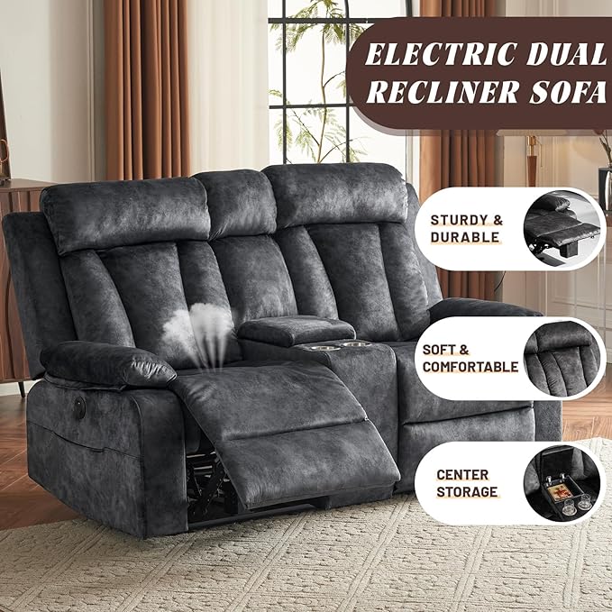 Power Reclining Loveseat with Console Loveseat Recliner Sofa with Massage &amp Heat Perfect Electric Couch for Living Room (Gray)