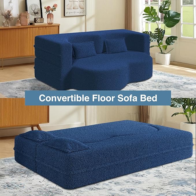 2 in 1 Convertible Folding Sofa BedTeddy Fleece Lazy Lounge SofabedFoam Folding Floor Sofa Bed78 Full Size Memory Foam Couch for Living Room Guestroom No Assembly Required Sofabed(Blue)