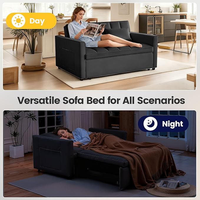 Convertible Sofa Bed Pull Out Sofa Bed with Adjustable Backrest 3 in 1 Velvet Fabric Loveseat Sleeper Sofa Bed Couch with Side Pockets for Living Room Bedroom Apartment Black