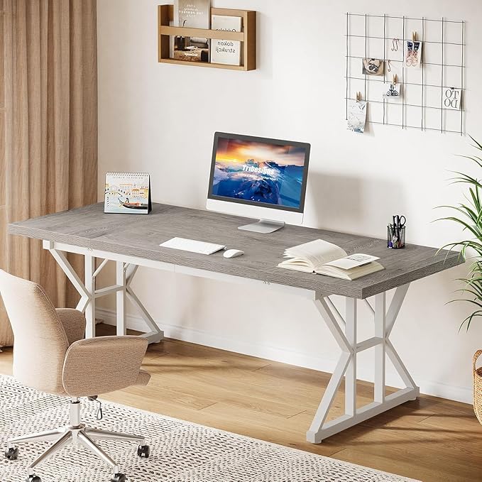 Tribesigns 70.86-Inch Large Executive Desk Industrial Home Office Computer Desk Simple Long Writing Study Table Business Furniture (Grey/White)