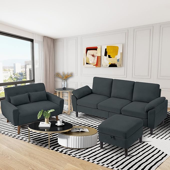 2 Piece Sectional Sofa Set 3-Seat Small L Shaped Couch with Storage Ottoman and 2 Seat Loveseat Sofa Set Polyester Fibre for Living Room Dark Grey