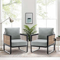 WENTMENT Rattan Accent Chairs Set of 2 Sofa Chair with Natural Rattan Armrest and Removable Backrest Upholstered Living Room Chair Lounge Chair for Reception Room/Hosting Room/Bedroom(Grey)