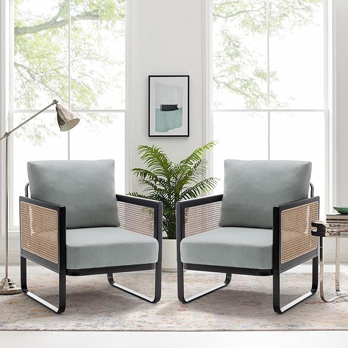WENTMENT Rattan Accent Chairs Set of 2 Sofa Chair with Natural Rattan Armrest and Removable Backrest Upholstered Living Room Chair Lounge Chair for Reception Room/Hosting Room/Bedroom(Grey)