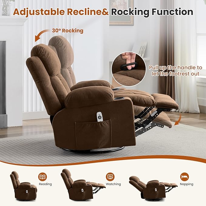 Massage Recliner Chair with Vibration Massage and Lumbar Heating for Living Room Swivel Rocker Recliners Single Sofa with Side Pocket &amp 2 Cup Holders Soft Comfort Ergonomic Design (Brown)