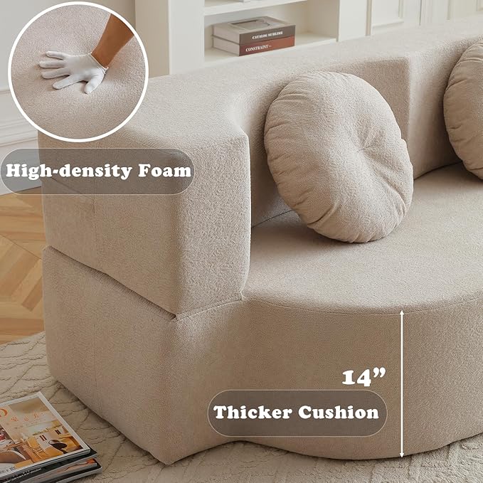 76 Convertible Folding Futon Sofa Bed Queen Sleeper Sofa with Pillow Teddy Fabric Floor &amp Futon Loveseat Couch Foam Folding Mattress Sleeper for Living Room Guest Use Office Apartment(Beige