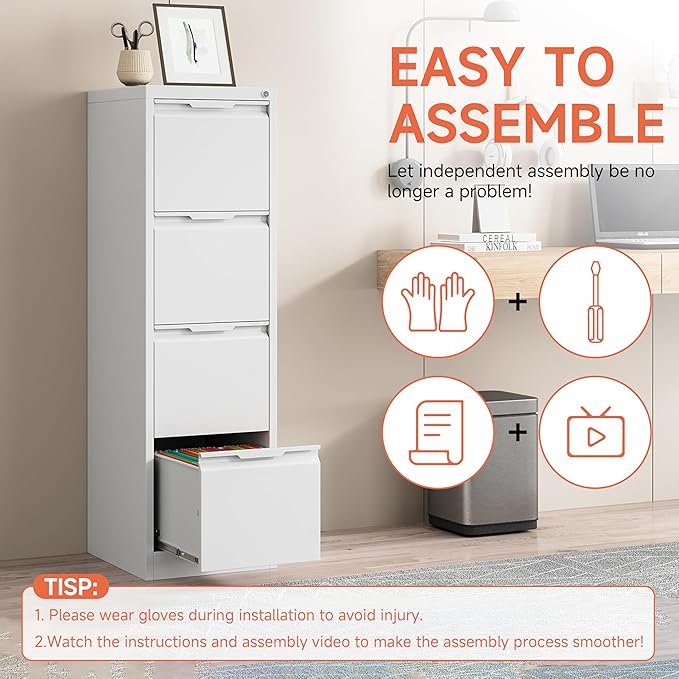 4 Drawer File CabinetMetal Vertical File Storage Cabinet with LockFiling Cabinets for Home OfficeA4 Legal/Letter Assembly Required(White)