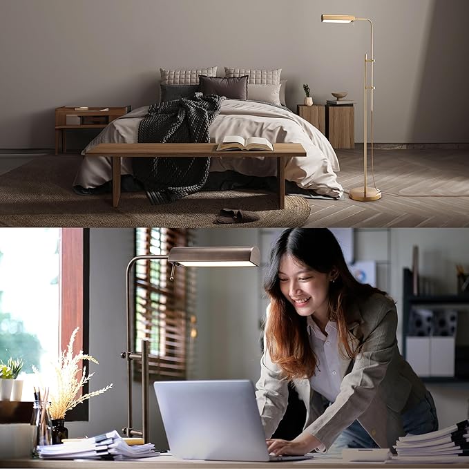 O'Bright Cedric Adjustable Pharmacy Floor Lamp - Industrial Design for Reading Crafting Work - 10W LED Height 45-61 inches - Ideal for Living Room Bedside Office - Antique Brass (Gold)
