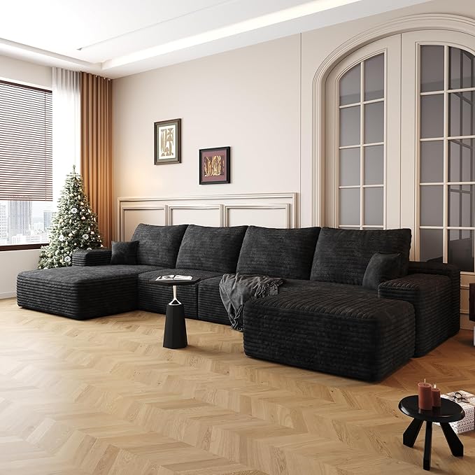 Eafurn Oversized Modular Sectional Sofa Couch with Movable OttomanPlush Corduroy Convertible U/L Shaped Boneless Couch with Left Facing ChaiseDeep Seat High-Density Foam Floor Sofa for Living Room
