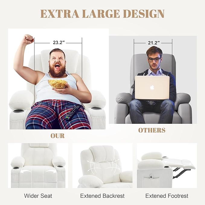Swivel Rocker Recliner Chair with Heat and Massage Big Oversized Rocking Single Sofa for Living Room 360 Degree Swivel Recliner Chair with Cup Holders and USB Port (Teddy White)