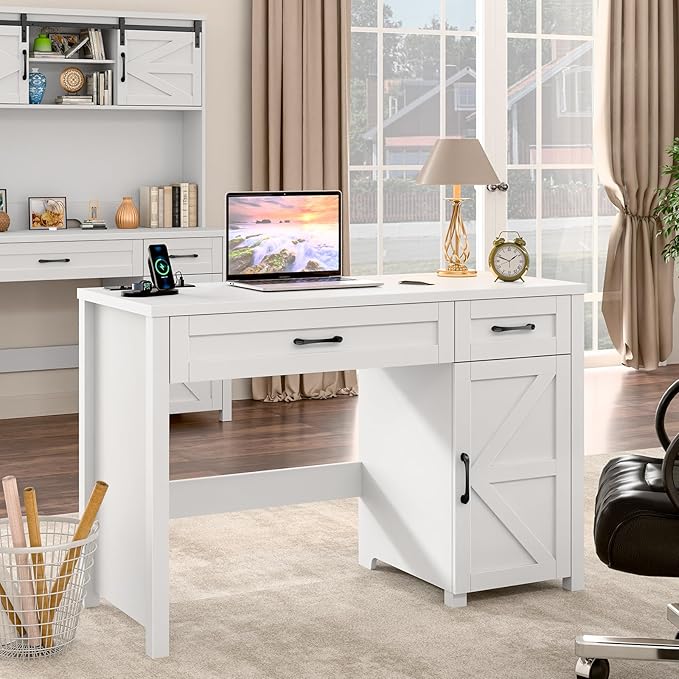 Farmhouse 47 Executive Desk Computer Desk with Drawers and Storage Cabinet Workstation Computer Desk for Home Office Study.Cream White