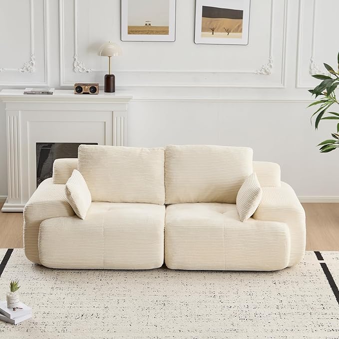 Modern Loveseat with Pillows Extra Deep Soft Cloud Love Seat with Multiple Corduroy Boneless 2 Seate Couch for Living Room Apartments Bedrooms Guest Rooms (Beige 2 Seat)