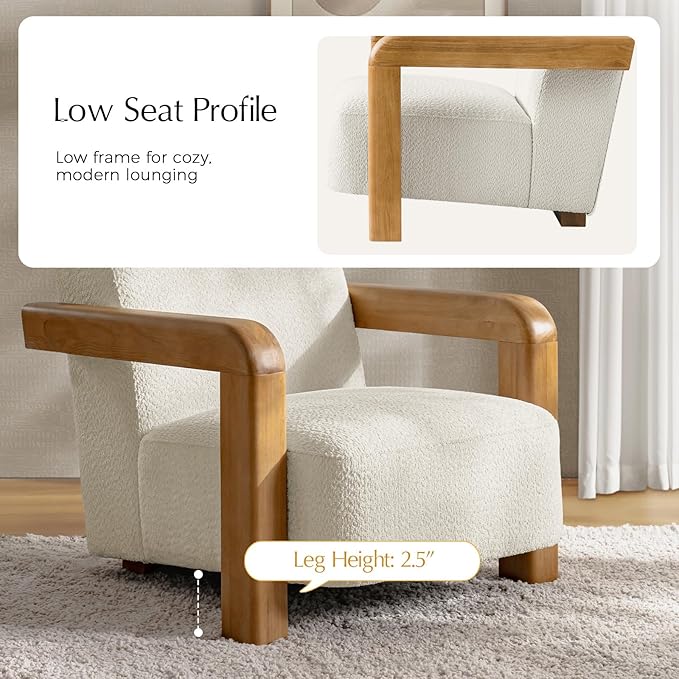 HULALA HOME Boucle Accent Chair Modern Low-Profile Leisure Armchair with Thick Padded Seat Cushion Solid Wood Frame &amp Curved Armrests Ideal for Living Room/Bedroom/Reading Corner(Beige Set of