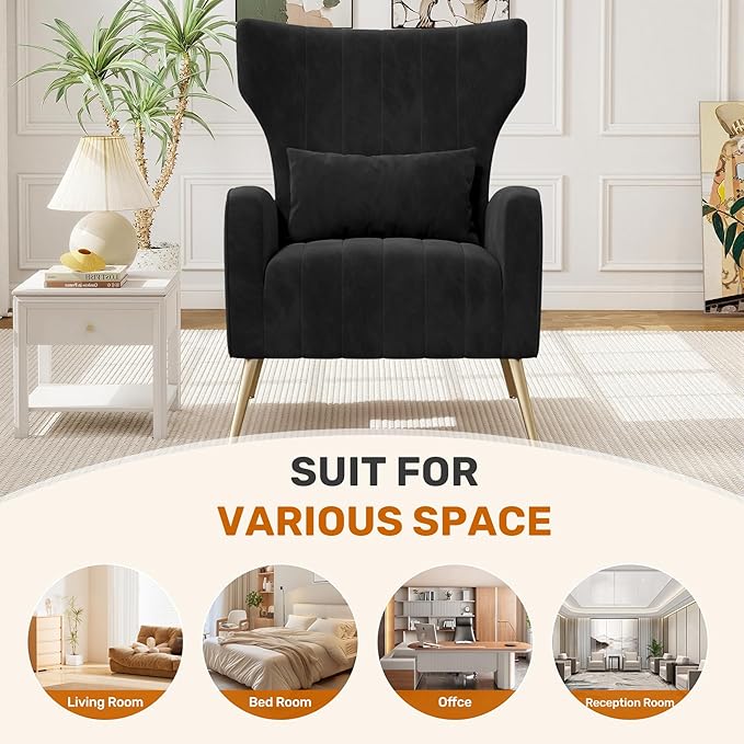 Velvet Accent Chair Wingback for Living Room High Back Arm Chair with Golden Legs Lumbar Pillow Upholstered Single Sofa Bedroom Black