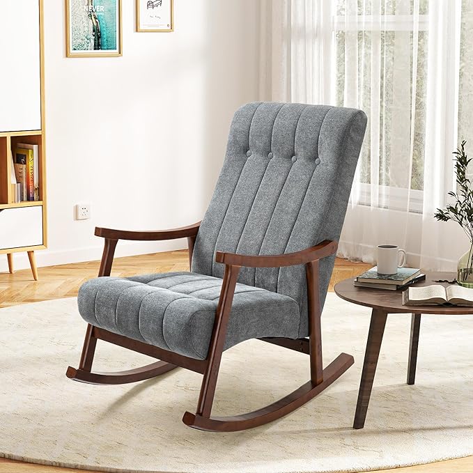AVAWING Upholstered Rocking Chair with Fabric Padded Seat Comfortable Rocker Solid Wood for Living Room Modern High Back Armchair for Adult Dark Grey