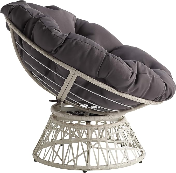 OSP Home Furnishings Wicker Papasan Chair with 360-Degree Swivel Cream Frame with Grey Cushion