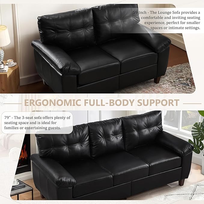 2+3 Seat Modular Sofa Set Faux Leather Sectional Couch with Deep Seats &amp Wide Armrests Mid-Century Tufted PU Upholstered Sofa Set for Living Room Apartment Office Vintage Storage Couch Black