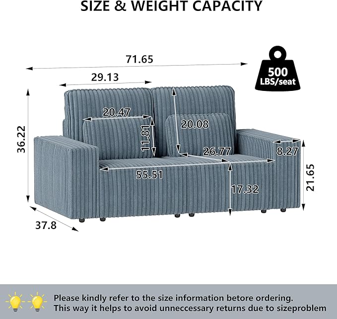 mikibama 2 Piece Sofa Couch Set for Living RoomModern Corduroy 2 Seater Loveseat Couches Set of 2 with Deep SeatModular Sectional 2PC Sofa Set for ApartmentDorm Room (Grey Blue 2PC Loveseat)
