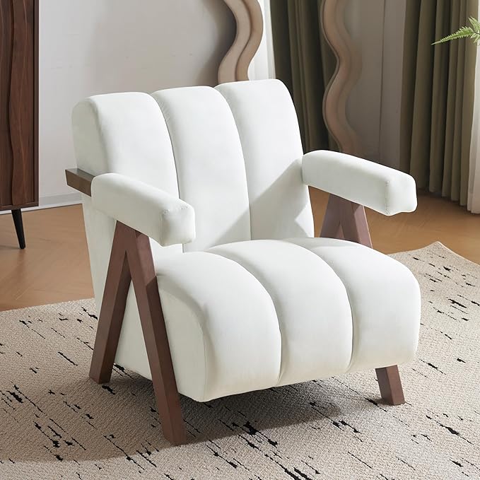 Mid Century Modern Accent Chair with Solid Wood e Upholstered Living Room Chairs with Thick Cushion Comfy Tufted Arm Chair for Bedroom Living Room Velvet Ivory