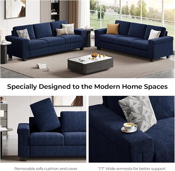 3 Seater Sofa Couch with Deep Seat 90 Modern Upholstered Sofa with Armrests Easy Installation Comfy Couches for Living Room Apartment Blue