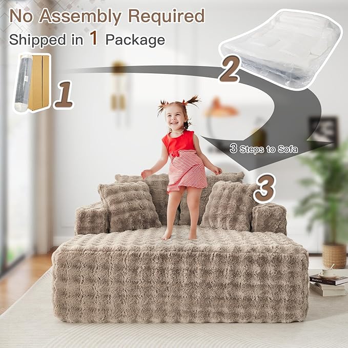 56 W Oversized Chaise Lounge Chair IndoorPlush Faux Fur Sleeper Couch Sofa Bed with PillowsFluffy Comfy Cloud SofaCompression Foam Boneless Couch for Living RoomBedroom(Bubble Brown)