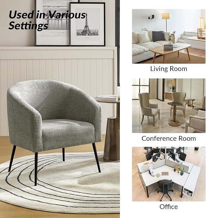 HULALA HOME Boucle Accent Chair Set of 2 Cozy Accent Barrel Chair with Metal Legs Upholstered Lounge Chair Single Sofa Armchair for Bedroom Living Room Reception Room Office Grey