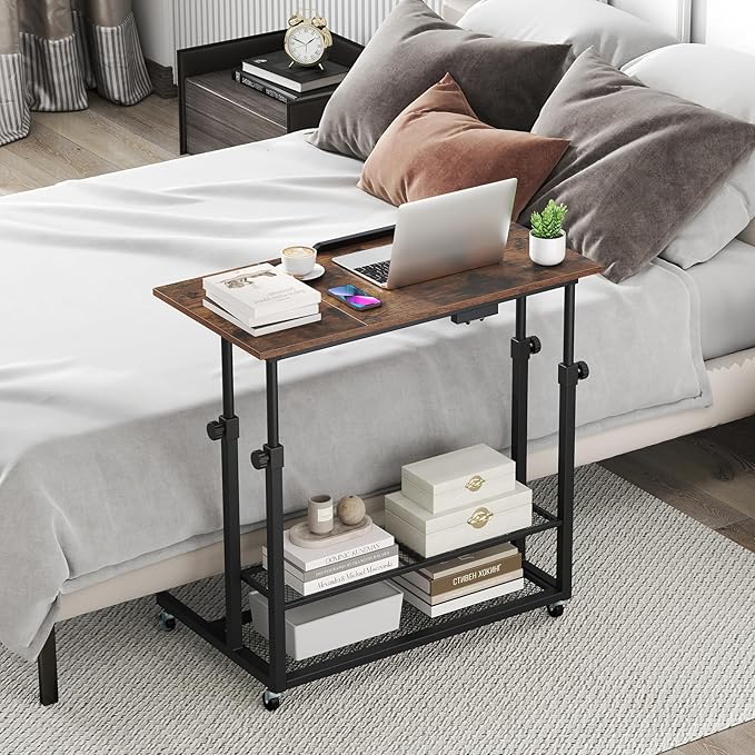 Tangkula Mobile Computer Desk Cart Height Adjustable Rolling Laptop PC Desk with Tilting Tabletop &amp Storage Shelves Small Compact Desk on Wheels for Small Space Living Room &amp Bedroom (Rusti