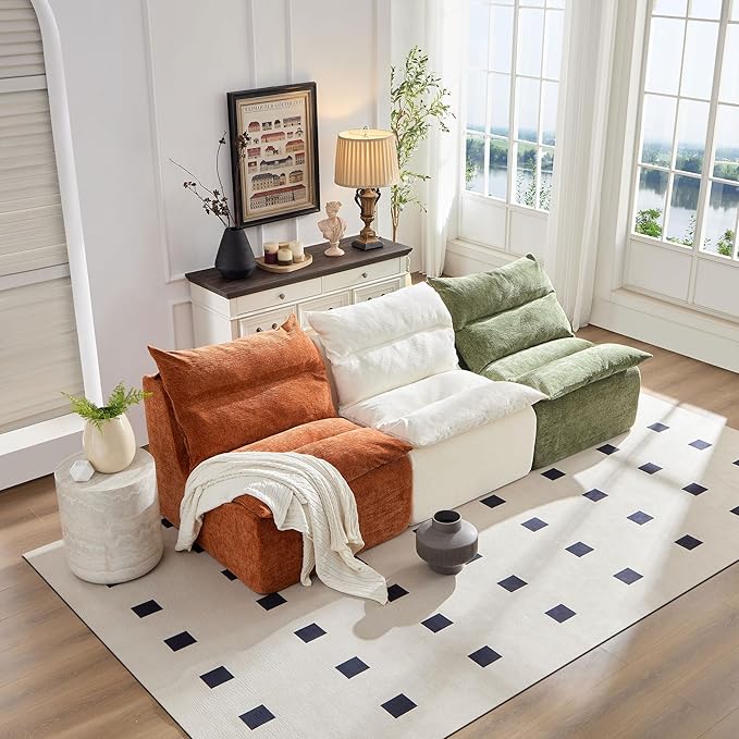 JUSTONE Modular Sofa-No Armrests Floor SofaNeck Pillow-Back Lounge Sofa Chair Accent Bean Bag Chair Lazy Floor SeatingSmall Sofa for Living RoomApartment Guest RoomSingle SeatGreen